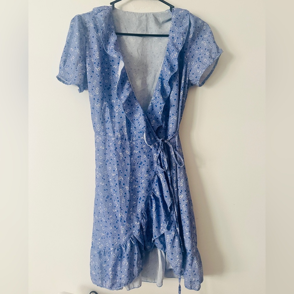Reformation Style Blue Floral Wrap Dress with Ruffle Trim